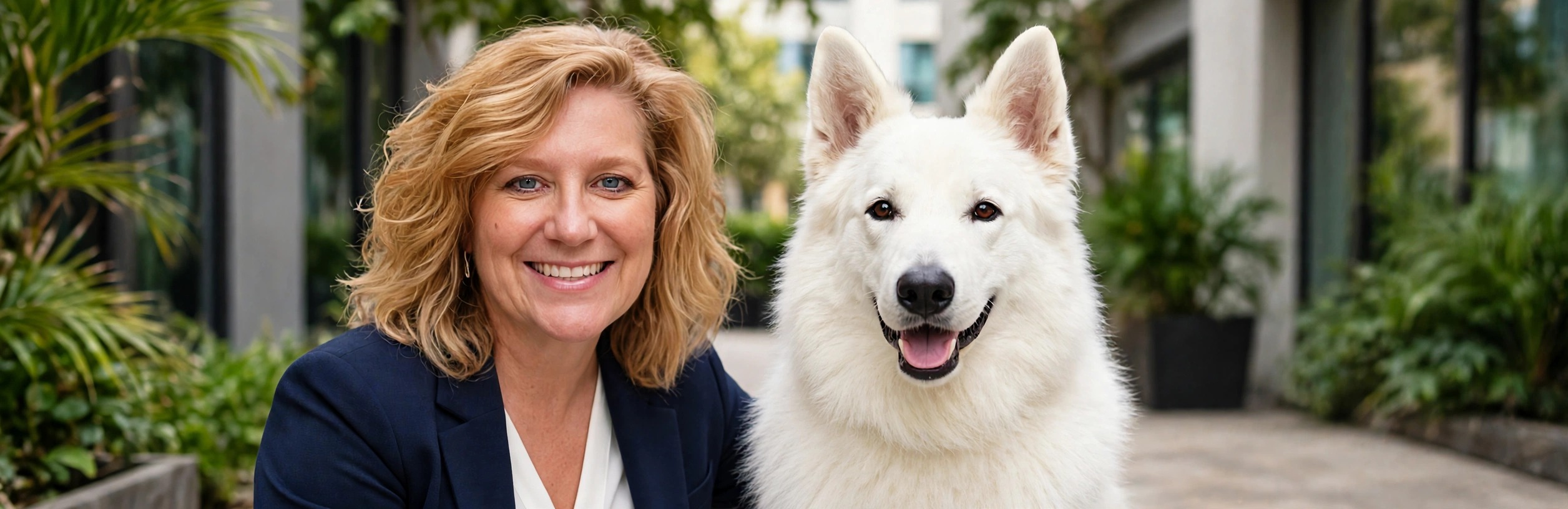 Alison White with Jura, her White Swiss Shepherd guide dog partner